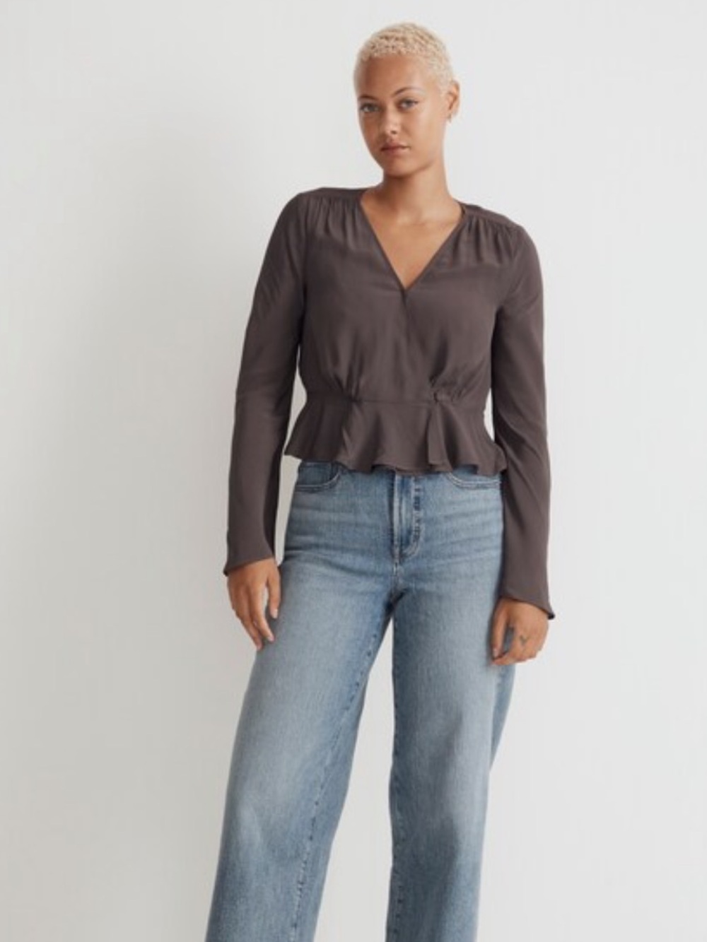 Madewell Long-Sleeve Peplum Top in Warm Shale Grey
